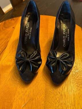 Vintage Charles Jourdan Paris Black Suede Pumps with Patent Leather Bow Accent